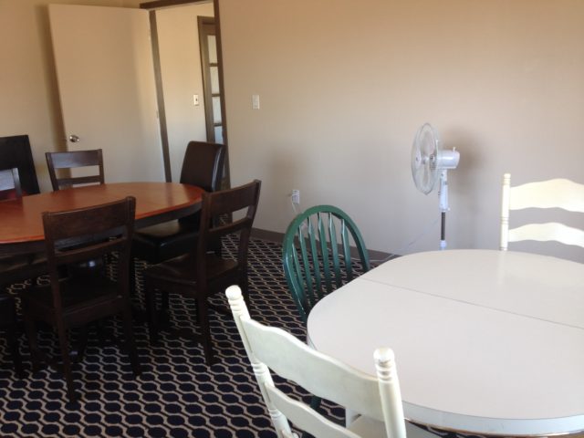The conference room is ready for meetings or classes.